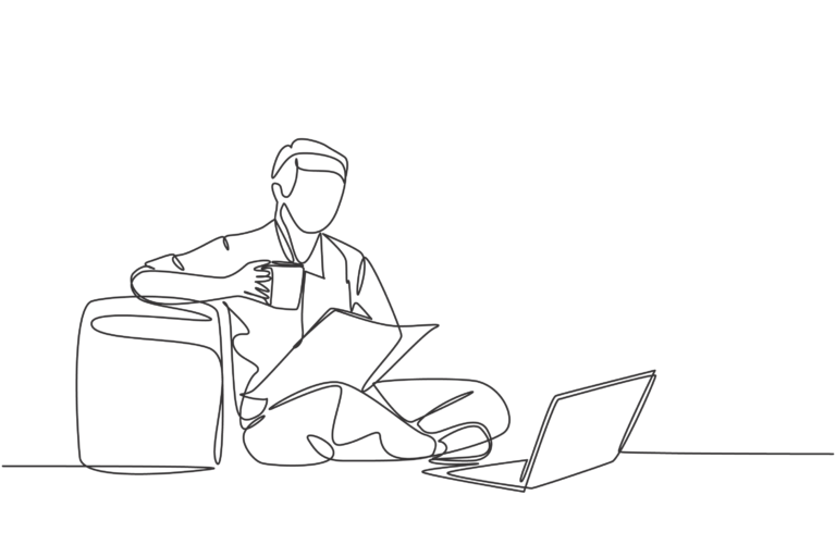 Person working with laptop computer and drinking coffee